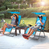 Folding Recliner Lounge Chair with Shade Canopy Cup Holder-Blue