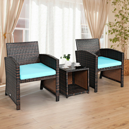 3 Pieces PE Rattan Wicker Furniture Set with Cushion Sofa Coffee Table for Garden-Turquoise