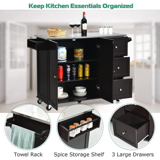 Kitchen Island 2-Door Storage Cabinet with Drawers and Stainless Steel Top-Dark Brown
