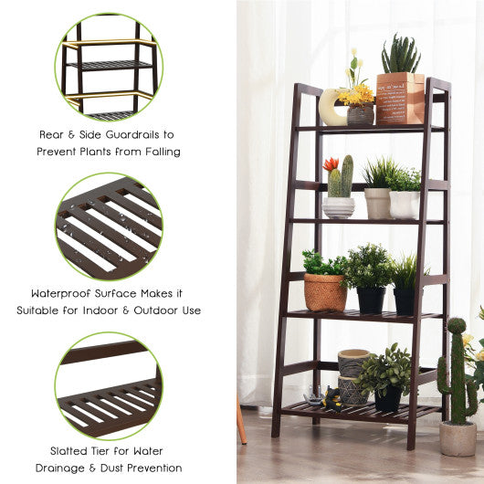 4-Tier Bamboo Plant Rack with Guardrails Stable and Space-Saving-Brown