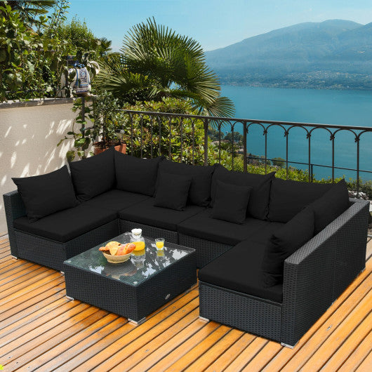 7 Pieces Outdoor Sectional Wicker Patio Furniture Sofa Set with Tempered Glass Top and Softy Cushions-Black