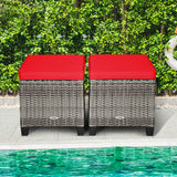 2PCS Patio Rattan Wicker Ottoman Seat with Removable Cushions-Red