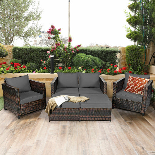 5 Pieces Patio Cushioned Rattan Furniture Set-Gray