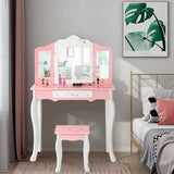 Kids Princess Vanity Table and Stool Set with Tri-folding Mirror and Drawer-Pink