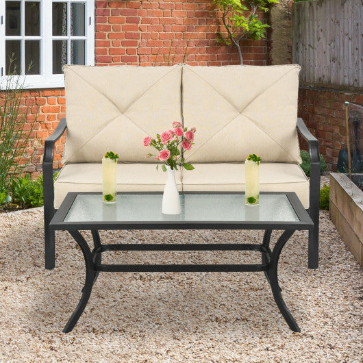 2 Pieces Patio Outdoor Cushioned  Sofa Bench with Coffee Table-Beige