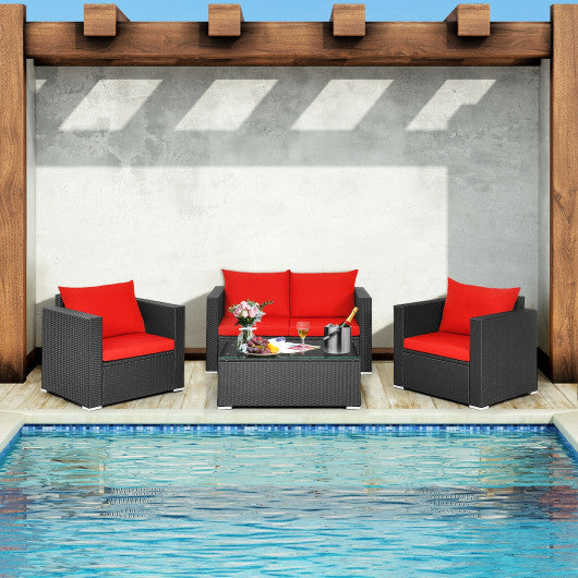 4 Pieces Patio Rattan Conversation Set with Cushions and Coffee Table-Red