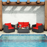 4 Pieces Patio Rattan Conversation Set with Cushions and Coffee Table-Red