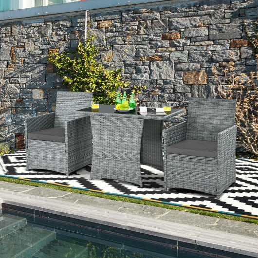 3 Pieces Patio Rattan Furniture Set with Cushioned Armrest Sofa-Gray