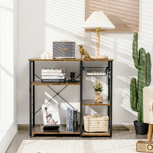 Industrial Kitchen Baker's Rack Microwave Shelf with 6 Hooks-Walnut