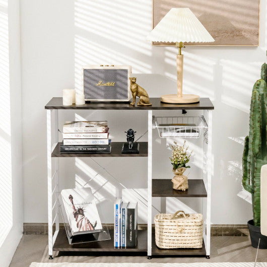 Industrial Kitchen Baker's Rack Microwave Shelf with 6 Hooks-Dark Brown