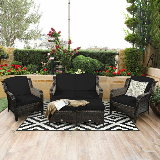 5 Pieces Patio Rattan Sofa Set with Cushion and Ottoman-Black