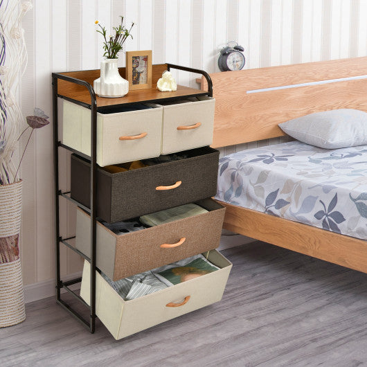 4-Tier Organizer Tower Steel Frame Wooden Top Storage with 5-Drawer Dresser-Muticolor