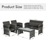 4 Pieces Patio Rattan Furniture Set with Glass Table and Loveseat-Black