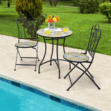 3 Pieces Patio Bistro Mosaic Design Set with Folding Chairs and Round Table