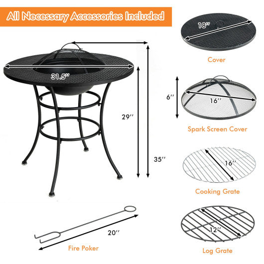 31.5 Inch Patio Fire Pit Dining Table With Cooking BBQ Grate