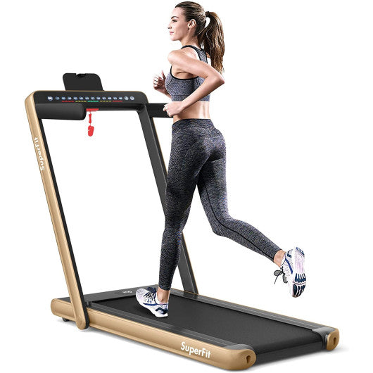 2-in-1 Electric Motorized Health and Fitness Folding Treadmill with Dual Display and Speaker-Yellow