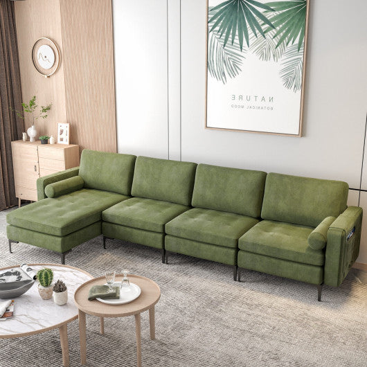 Modular L-shaped 4-Seat Sectional Sofa with Reversible Chaise and 2 USB Socket-Army Green