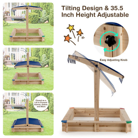 Kids Wooden Sandbox with Height Adjustable and Rotatable Canopy Outdoor Playset