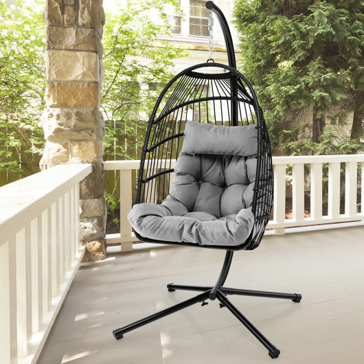 Patio Hanging Egg Chair with Stand Waterproof Cover and Folding Basket-Gray