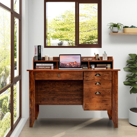 Vintage Computer Desk with Storage Shelves and 4 Drawers-Rustic Brown