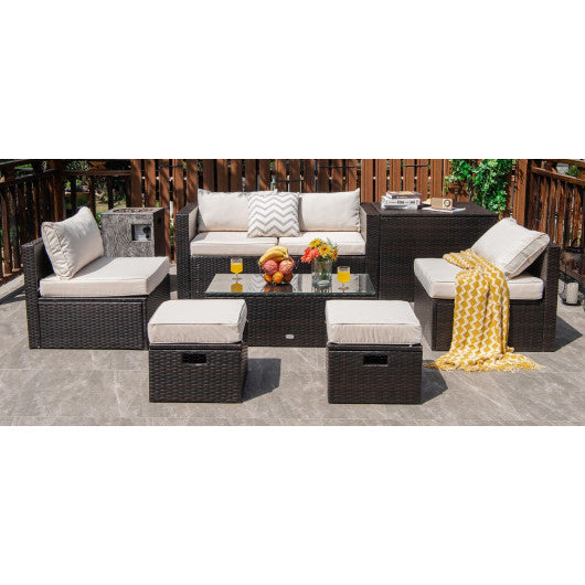 8 Pieces Patio Space-Saving Rattan Furniture Set with Storage Box and Waterproof Cover-White