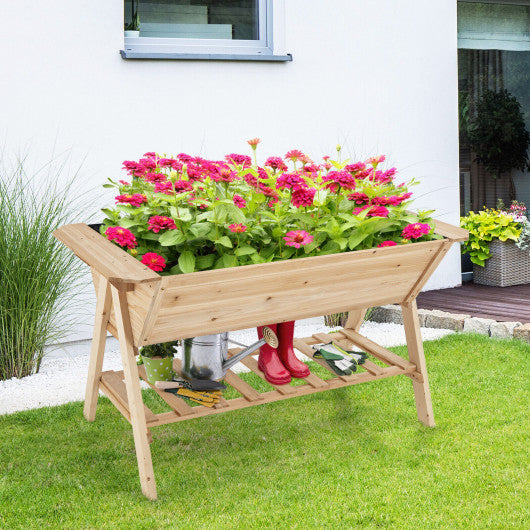 Raised Wood Garden Bed with Shelf and Liner