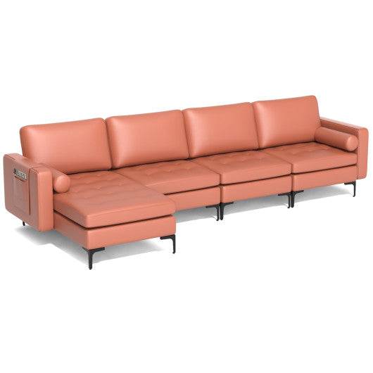 Modular L-shaped 4-Seat Sectional Sofa with Reversible Chaise and 2 USB Socket-Pink
