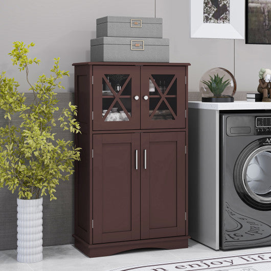 4 Doors Freeestanding Bathroom Floor Cabinet with Adjustable Shelves-Brown
