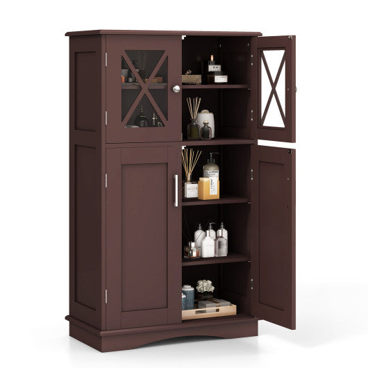 4 Doors Freeestanding Bathroom Floor Cabinet with Adjustable Shelves-Brown