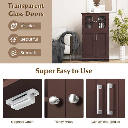 4 Doors Freeestanding Bathroom Floor Cabinet with Adjustable Shelves-Brown