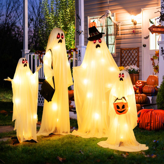 4 PCS Halloween Light up White Cloth Ghost Family with Red and Warm White LED Lights
