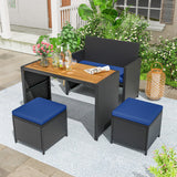 4 Piece Outdoor Dining Set with Wood Topped Dining Table  Rattan Loveseat Chair and 2 Ottomans-Navy