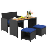 4 Piece Outdoor Dining Set with Wood Topped Dining Table  Rattan Loveseat Chair and 2 Ottomans-Navy