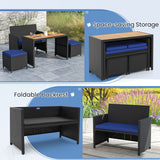 4 Piece Outdoor Dining Set with Wood Topped Dining Table  Rattan Loveseat Chair and 2 Ottomans-Navy