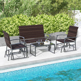 4 Piece Patio Gliding Set Wicker Swing Glider Furniture Set All Weather witrh Tempered Glass Coffee Table-Brown