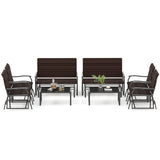 4 Piece Patio Gliding Set Wicker Swing Glider Furniture Set All Weather witrh Tempered Glass Coffee Table-Brown