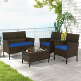 4 Piece Patio Rattan Conversation Set with Cozy Seat Cushions-Navy