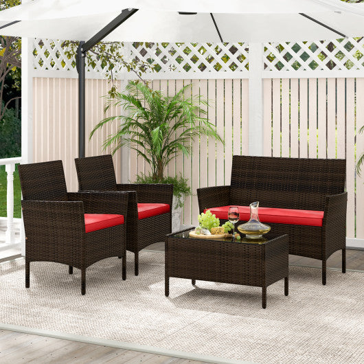 4 Piece Patio Rattan Conversation Set with Cozy Seat Cushions-Red