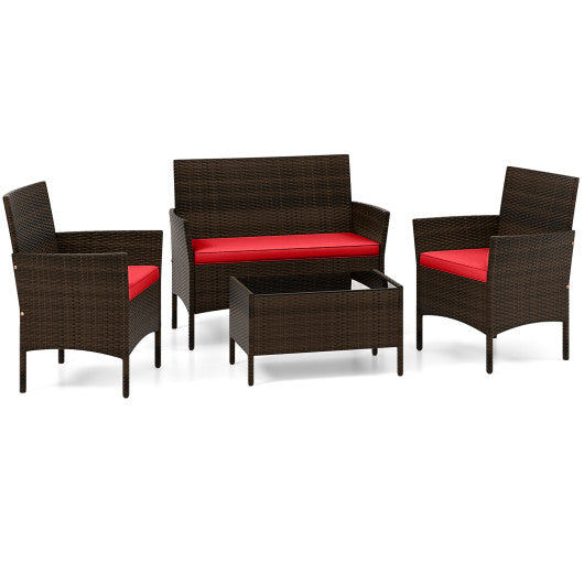 4 Piece Patio Rattan Conversation Set with Cozy Seat Cushions-Red