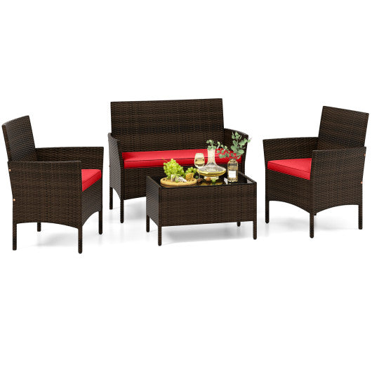 4 Piece Patio Rattan Conversation Set with Cozy Seat Cushions-Red