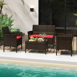 4 Piece Patio Rattan Conversation Set with Cozy Seat Cushions-Red