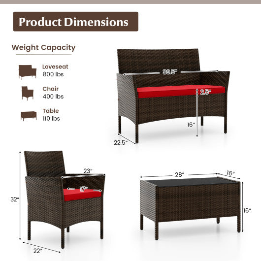 4 Piece Patio Rattan Conversation Set with Cozy Seat Cushions-Red