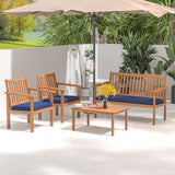 4 Piece Patio Wood Furniture Set Acacia Wood Sofa Set with Loveseat-Navy