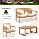 4 Piece Wood Patio Conversation Set with 2 Armchairs and Coffee Table-White
