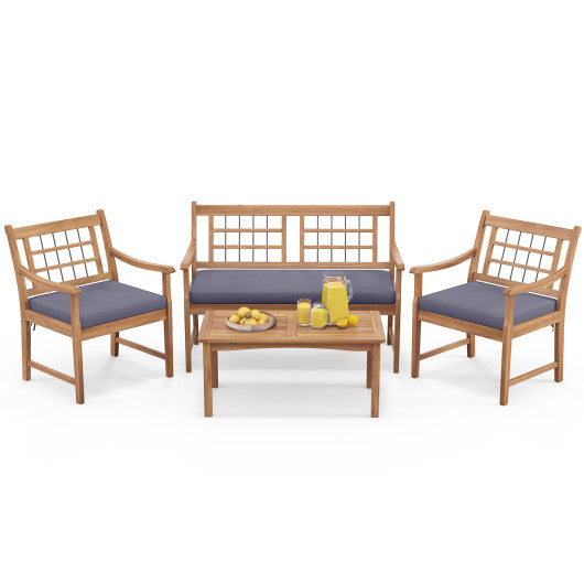 4 Piece Wood Patio Furniture with Armchairs Loveseat and Coffee Table-Gray