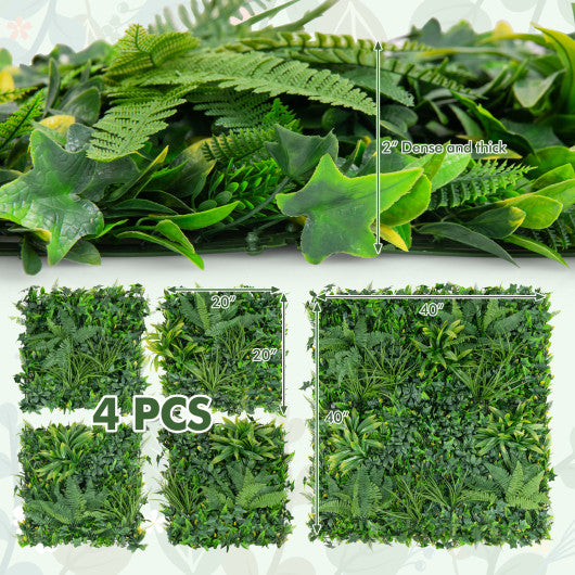 4 Pieces 20 x 20 Inch Artificial Hedge Boxwood Panels with Diverse Leaves