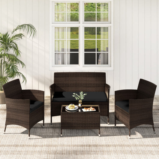 4 Pieces Rattan Sofa Set with Glass Table and Comfortable Wicker for Outdoor Patio-Black