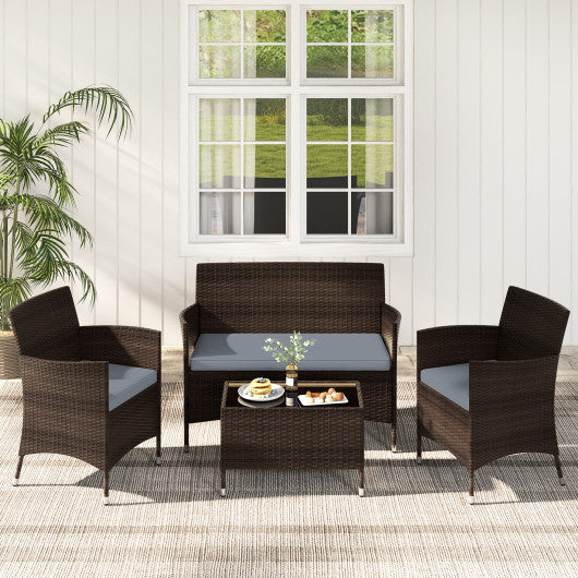 4 Pieces Comfortable Outdoor Rattan Sofa Set with Glass Coffee Table-Gray