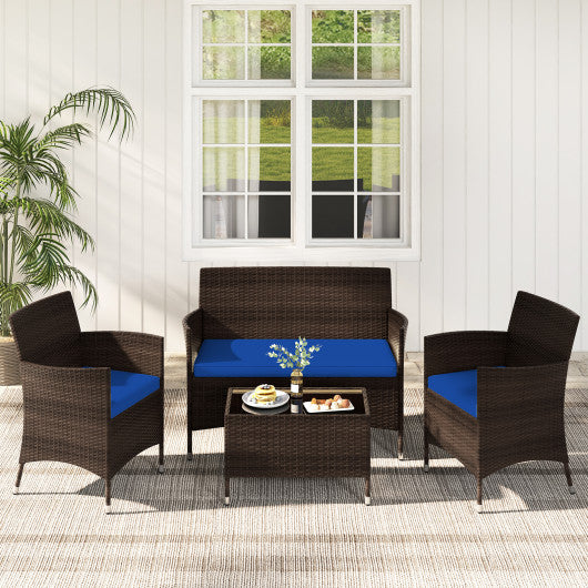 4 Pieces Rattan Sofa Set with Glass Table and Comfortable Wicker for Outdoor Patio-Navy