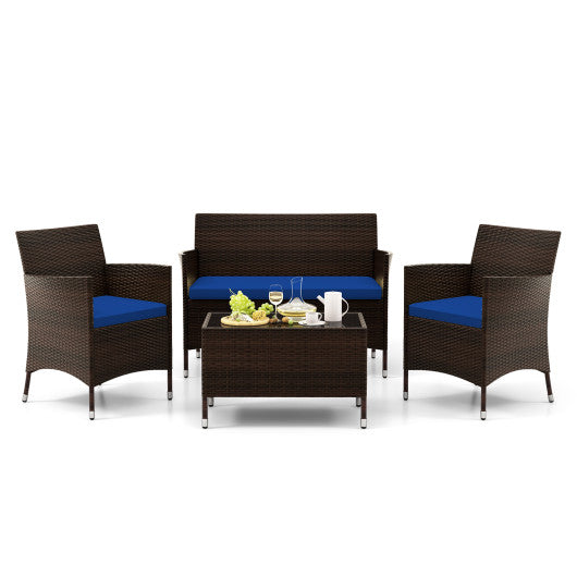 4 Pieces Rattan Sofa Set with Glass Table and Comfortable Wicker for Outdoor Patio-Navy